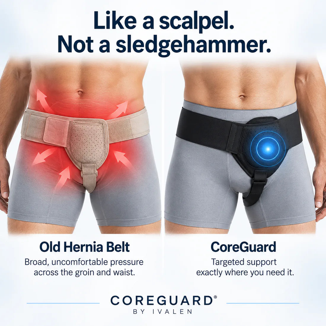 An old hernia belt spreads broad pressure across the groin and waist; CoreGuard targets support exactly where it is needed