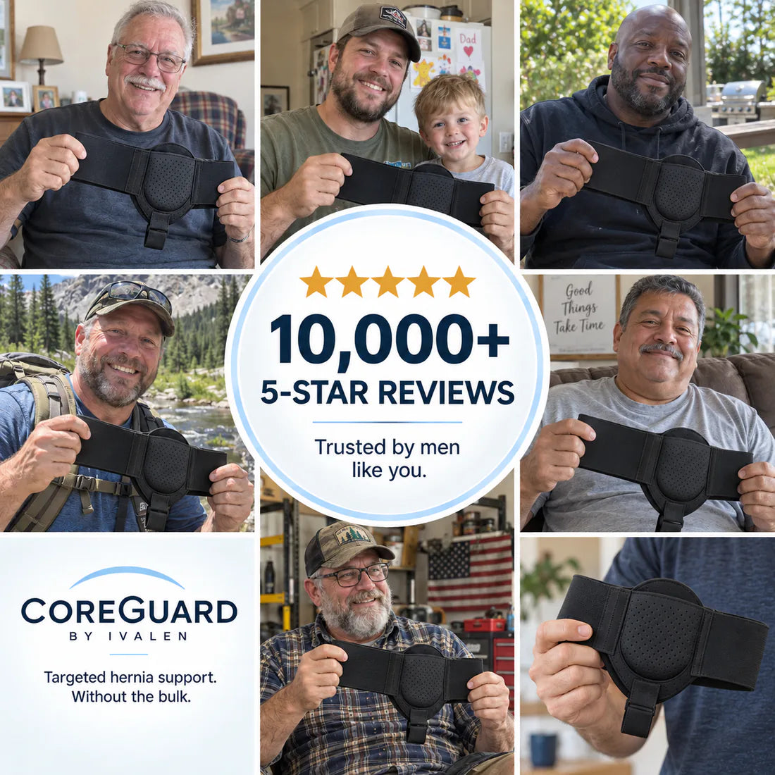 Customer photos of men wearing CoreGuard, with a five-star review badge