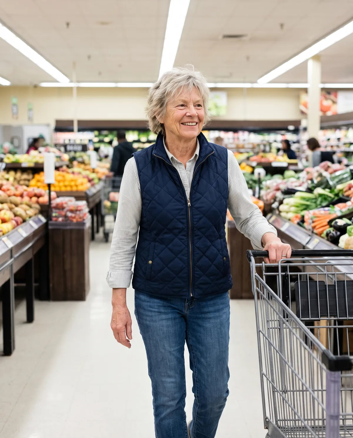 A woman walking upright through a grocery store, pushing her cart