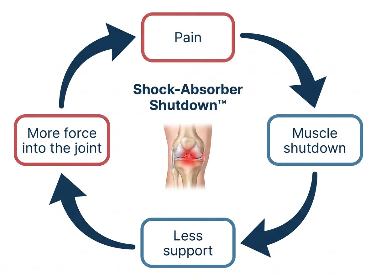 The Shock-Absorber Shutdown loop: pain, muscle shutdown, less support, more force into the joint