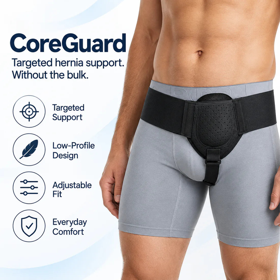 Ivalen CoreGuard hernia support belt worn under compression shorts, showing targeted support, low-profile design, adjustable fit and everyday comfort