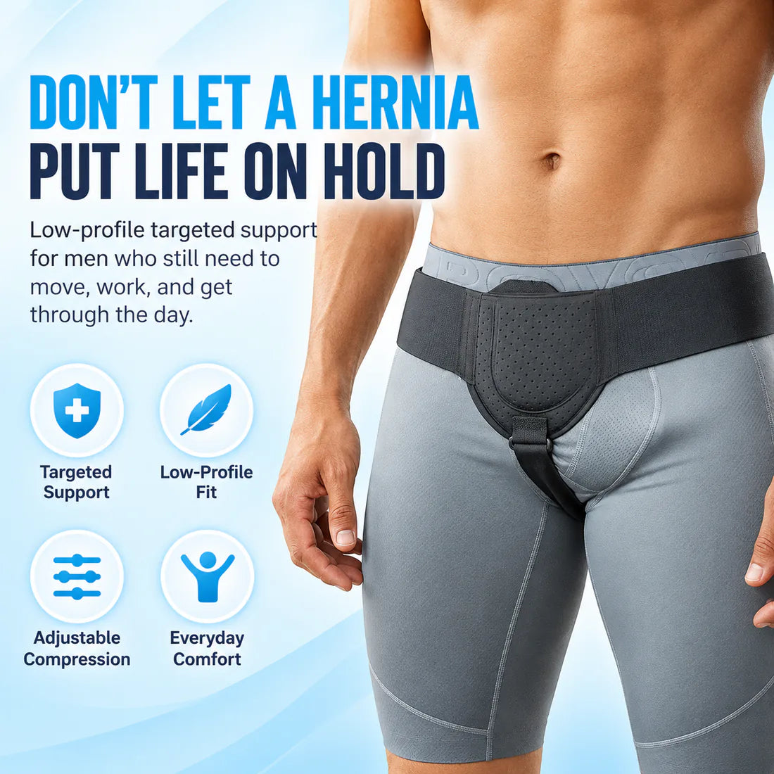 Man wearing the Ivalen CoreGuard hernia support belt under compression shorts