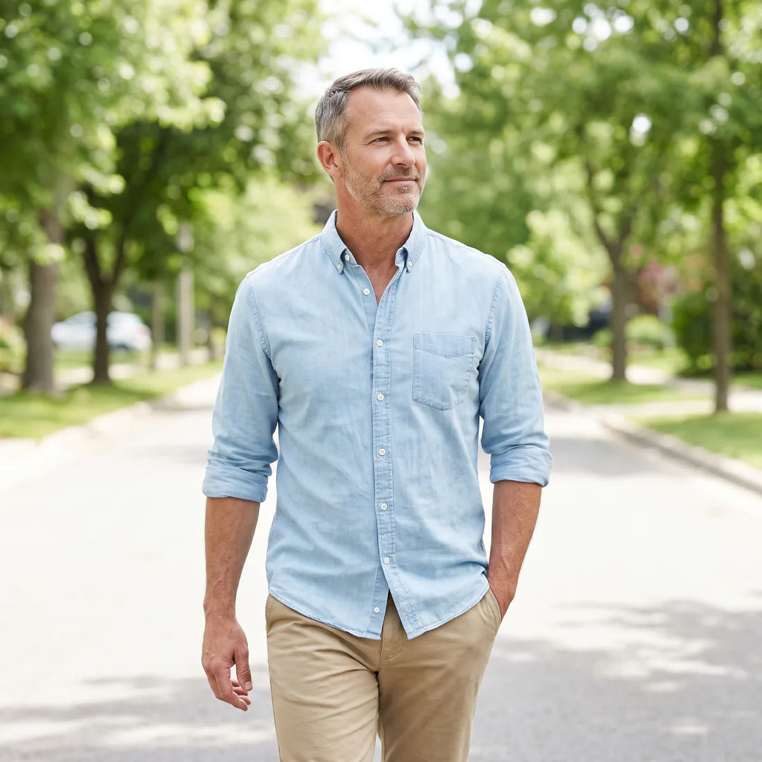 A man in his fifties walking comfortably through an ordinary day