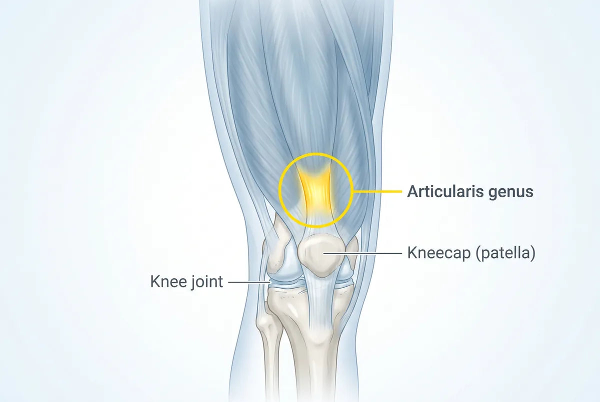 Anatomy of the knee with the articularis genus highlighted just above the kneecap