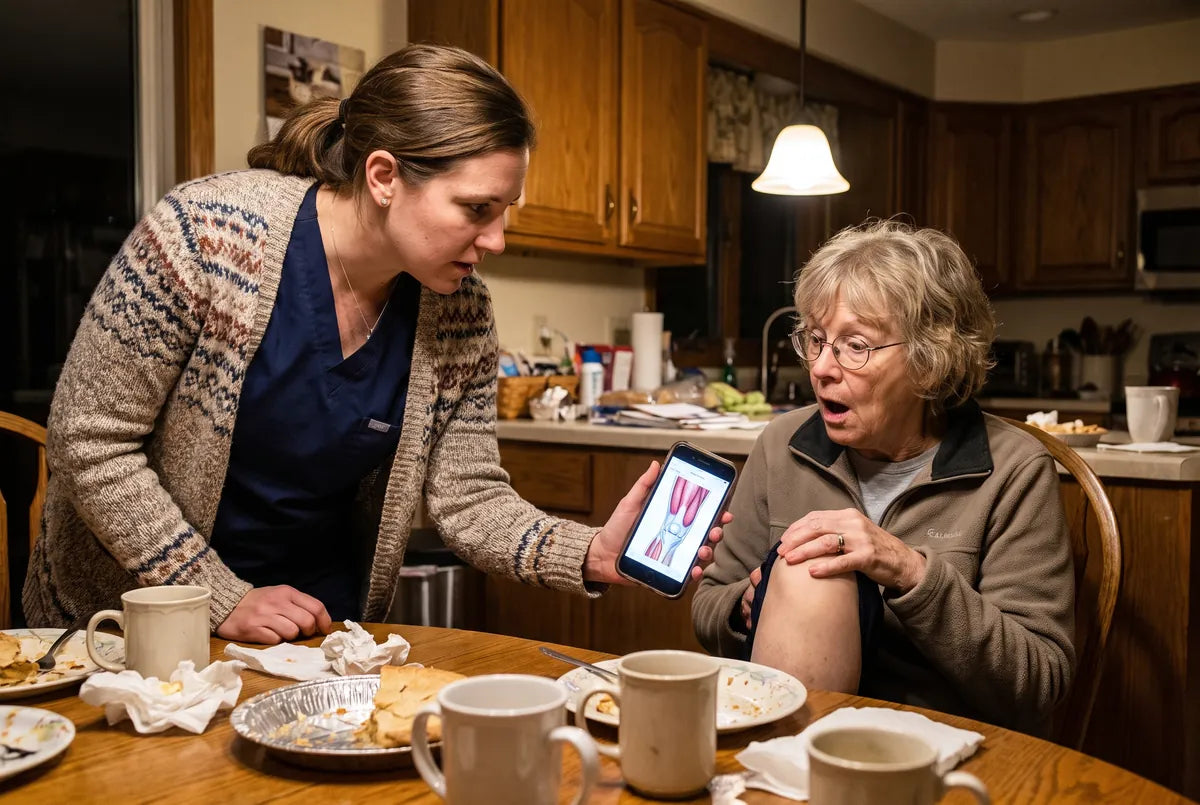 A nurse showing a knee anatomy picture on her phone at the kitchen table