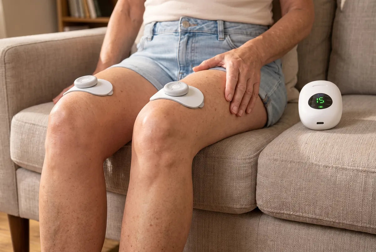 Ivalen pods on both thighs just above the knees, the muscle visibly contracting