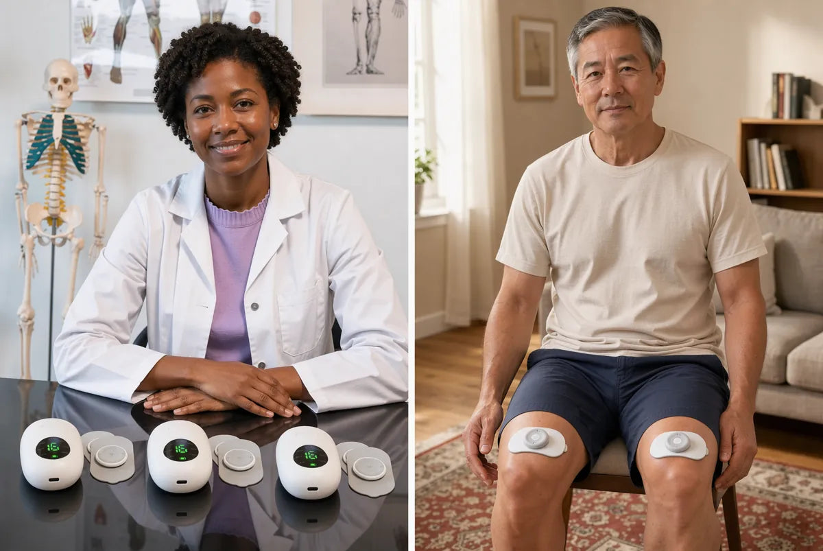 The Ivalen wireless NMES pods, and a man wearing them just above both knees
