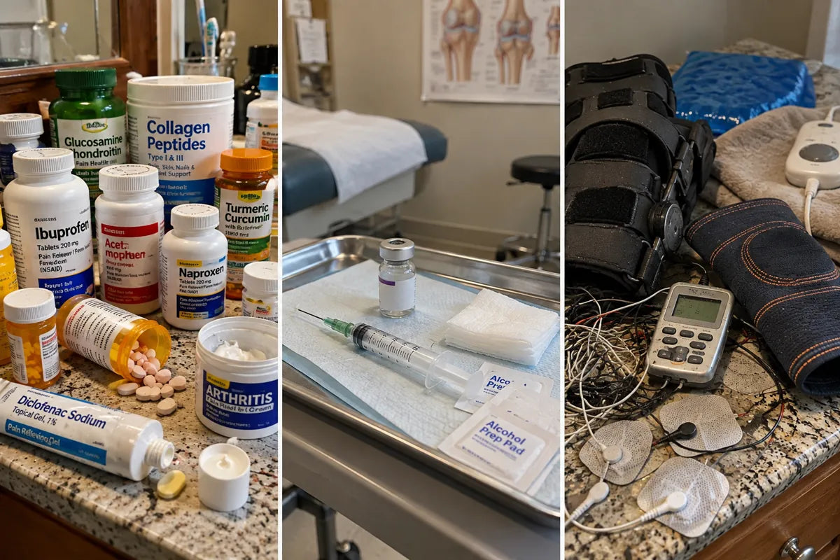 Pills and supplements, an injection tray, and a drawer of knee braces and a TENS unit