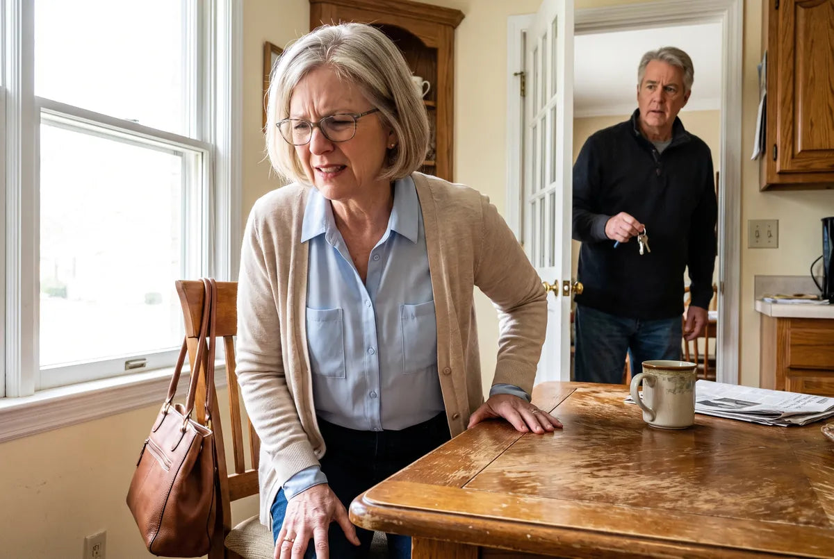 A woman gripping the kitchen table, unable to stand as her knee locks