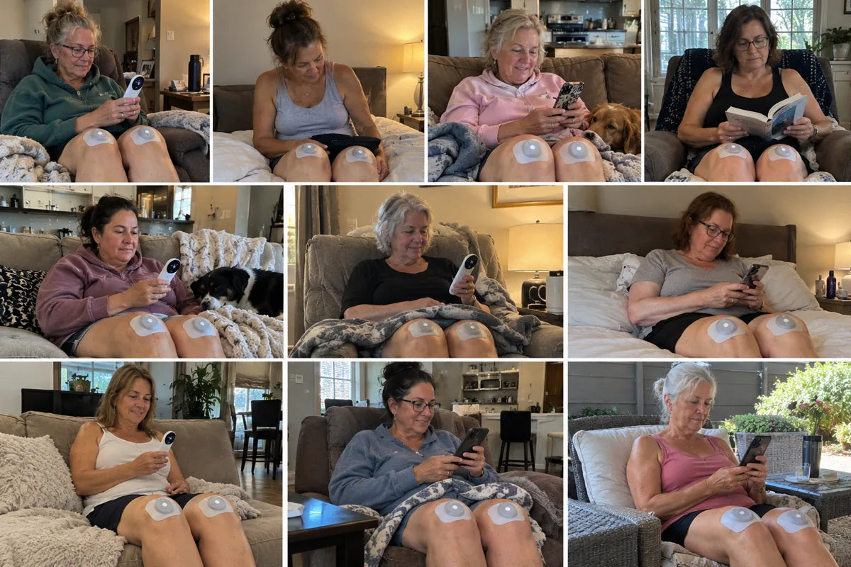 Women using Ivalen pods above both knees while relaxing at home