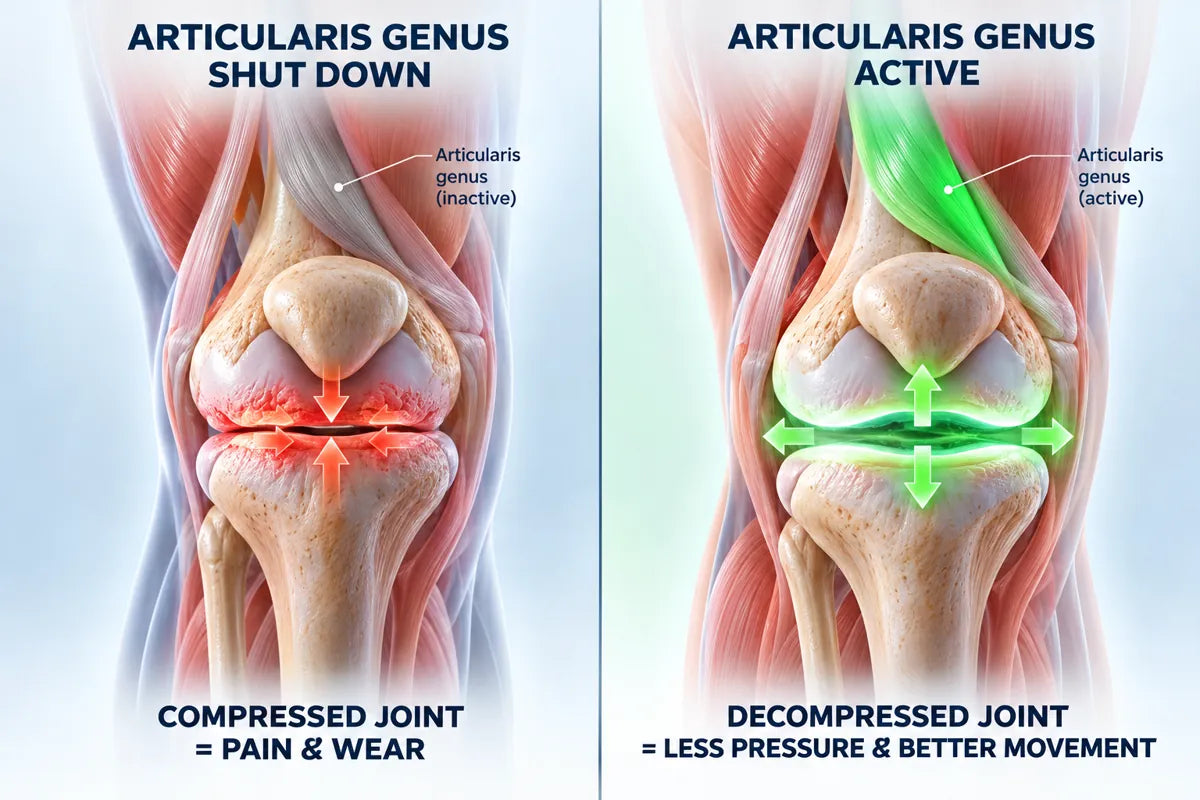 Knee anatomy: articularis genus shut down with a compressed joint, versus active with a decompressed joint