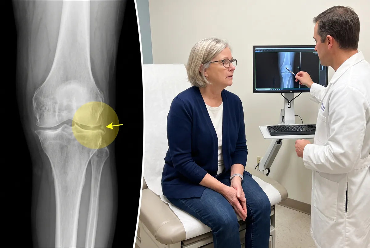 Knee X-ray showing almost no joint space, and a surgeon reviewing it with a patient