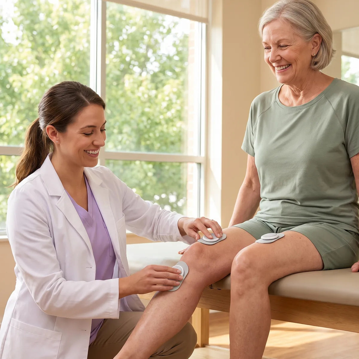 Therapist applying an Ivalen pod just above the knee