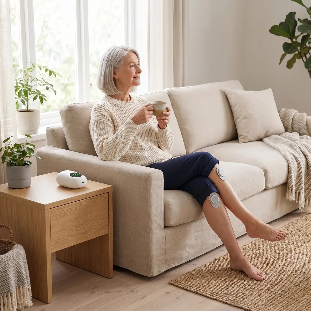 Woman relaxing on the sofa with Ivalen pods just above her knees