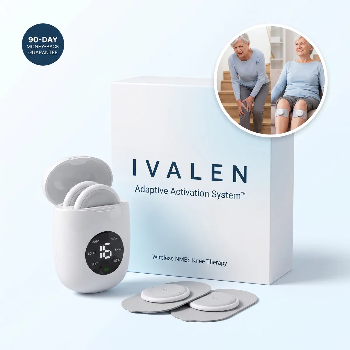 Ivalen Adaptive Activation System: one control hub with two activation pods and adhesive pads